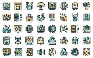 Artificial intelligence in education icons set vector line color