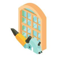 Steel cutting icon isometric vector. Steel cut off machine and large window icon vector