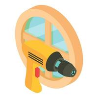 Carpenter tool icon isometric vector. Modern cordless drill and round window vector