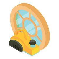 Powertool icon isometric vector. Yellow power electro planer and round window vector