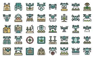 Drones in agriculture icons set vector line color