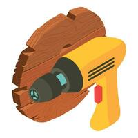 Carpenter tool icon isometric vector. Electric drill and old wooden board icon vector