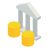 bancario concepto icono isométrica vector. blanco edificio pilar y oro moneda apilar vector