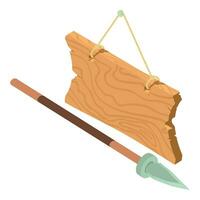 Ancient attribute icon isometric vector. Old wooden signboard and ancient spear vector