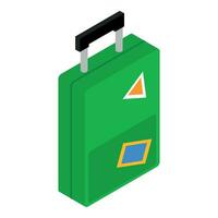 Travel suitcase icon isometric vector. Green plastic suitcase with long handle vector