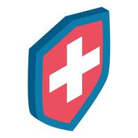 Medical assistance icon isometric vector. Shield with white cross image inside vector