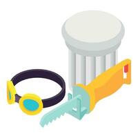 Hand tool icon isometric vector. Yellow reciprocating saw and safety glasses vector