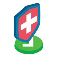 Protected sign icon isometric vector. Shield with white cross on green button vector