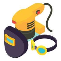 Electric tool icon isometric vector. Sheet sander welder mask and safety glasses vector