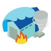 Property insurance icon isometric vector. Big wave hurricane and fire near house vector