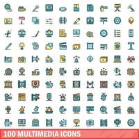 100 multimedia icons set, color line style vector