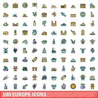 100 europe icons set, color line style vector