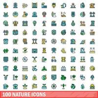 100 nature icons set, color line style vector