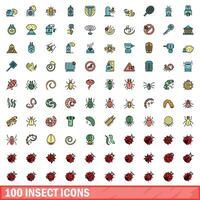100 insect icons set, color line style vector