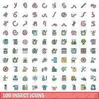 100 insect icons set, color line style vector