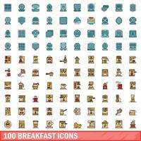 100 breakfast icons set, color line style vector