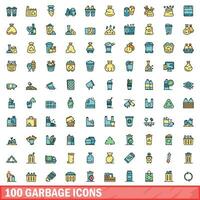 100 garbage icons set, color line style vector