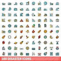 100 disaster icons set, color line style vector