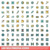 100 multimedia icons set, color line style vector