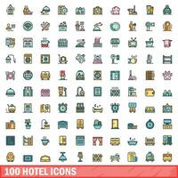 100 hotel icons set, color line style vector