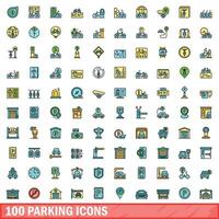 100 estacionamiento íconos colocar, color línea estilo vector
