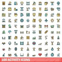 100 activity icons set, color line style vector