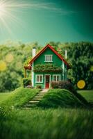 Copy space of home and life concept. Small model home on green grass with sunlight abstract background.. AI generated photo