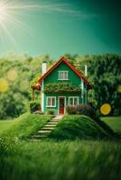 Copy space of home and life concept. Small model home on green grass with sunlight abstract background.. AI generated photo