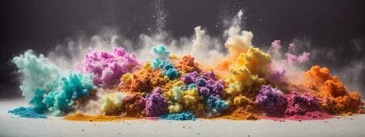 Abstract powder splatted background. Colorful powder explosion on white background. Colored cloud. Colorful dust explode. Paint Holi. AI generated photo