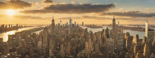 Sunset view of New York City looking over midtown Manhattan. AI generated photo