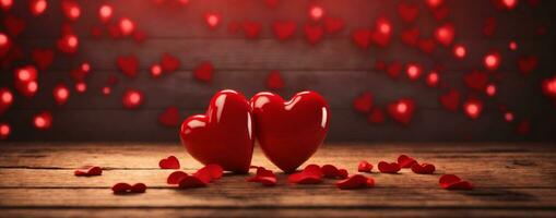 Valentines day background with red hearts on wooden background. AI generated photo