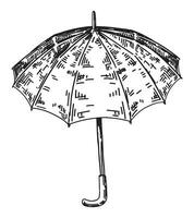 Doodle of open umbrella. Outline drawing of rainy weather accessory. Hand drawn vector illustration. Single clipart isolated on white background.