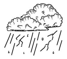 Doodle of thunder clouds with lightning and rain. Outline drawing of rainy weather symbol. Hand drawn vector illustration. Single clipart isolated on white background.