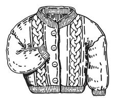 Doodle of knitted cardigan. Outline drawing of cold season clothes. Hand drawn vector illustration. Single clipart isolated on white background.