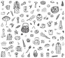 Autumn time clipart collection. Sketches set of fall harvest, mushrooms, fallen leaves, plants, accessories, cloth, foods. Hand drawn vector illustrations isolated on white.