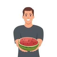 Smiling young man eating watermelon. Happy guy enjoy slice of fresh fruit. Nutrition and summer fruit. vector