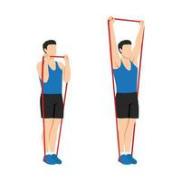 Man doing Resistance band standing shoulder press. overhead press exercise. Flat vector illustration isolated on white background