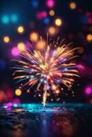 Colorful firework with bokeh background. New Year celebration, Abstract holiday background. AI generated photo
