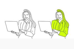 Corporate girl using laptop line art illustration. Vector illustration