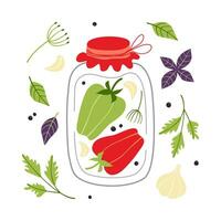 Vector set with canned peppers and spices in a jar.