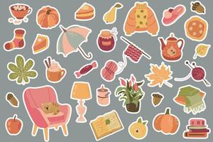 Autumn cozy sticker set. Hand drawn style. vector