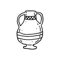 Antique vase with ornament. Vessel made of baked clay, ceramics. Household dishes. Doodle. Vector illustration. Hand drawn. Outline.