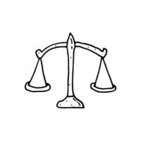 Libra, an ancient symbol of measure and justice. Balance of assessment of the trial in a legal matter. Doodle. Vector illustration. Hand drawn. Outline.