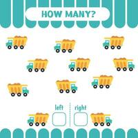 Worksheet for kids to learn left and right. Count game. How many dump cars go to the left and to the right. Counting game for kids vector