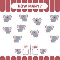 Educational game for preschool kids. Learn left and right. How many elephants go ro the left and to the right vector