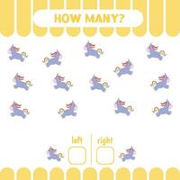 Left or right game for preschool kids. How many unicorns go to the left and to the right.Educational page for children.  Counting game for kids. vector