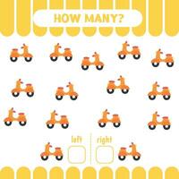 Worksheet for kids to learn left and right. How many scooters go to the left and to the right. Counting game for preschol children. vector