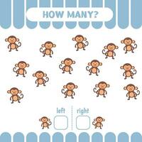 Left or right game for preschool kids. How many monkeys go to the left and to the right.Educational page for children.  Counting game for kids. vector