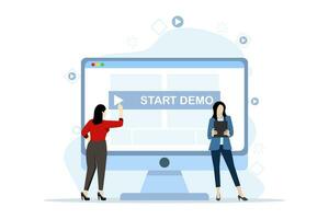 Flat design of initial demo concept. Involves a paid demo of an app or website. The phone screen displays clear content with a prominent demo start button. in-depth user experience and trial period. vector