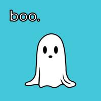 Cute ghost with text BOO in doodle style. Halloween ghost cartoon character isolated on blue background. Bold lines and solid colors. Vector illustration